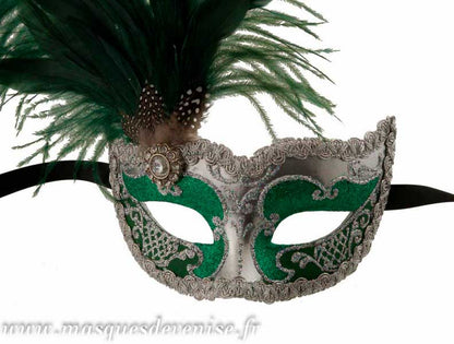 Masque Loup Vénitien Vert et Argent à Plumes – Artisanat Authentique de Venise