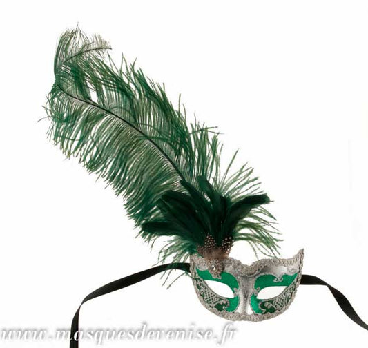 Masque Loup Vénitien Vert et Argent à Plumes – Artisanat Authentique de Venise