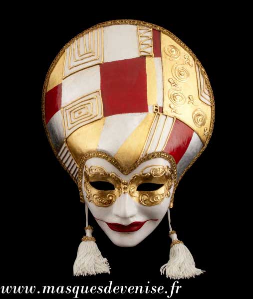 Masque Volto Liberty Art Déco Doré et Rouge – Artisanat Authentique de Venise