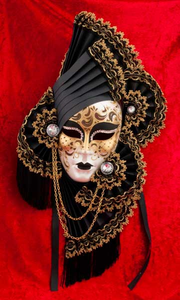 Masque Volto Éventail Noir et Doré – Artisanat Authentique de Venise
