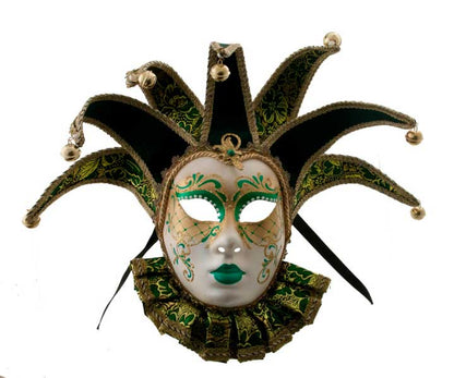 Masque Muse à Bavière Volto Jolly Vert et Doré – Artisanat Authentique de Venise