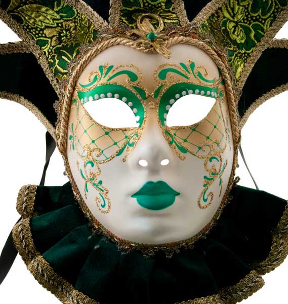 Masque Muse à Bavière Volto Jolly Vert et Doré – Artisanat Authentique de Venise