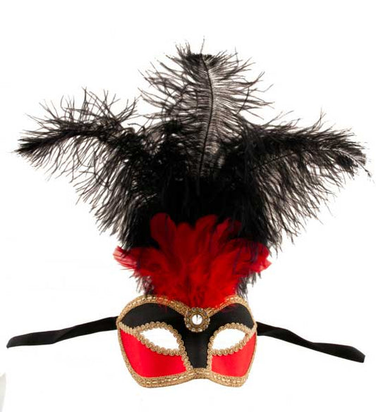 Masque Loup Vénitien à Plumes Satin Rouge, Noir et Doré – Artisanat Authentique de Venise