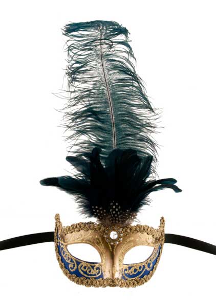 Masque Loup Vénitien Bleu et Doré à Plumes – Artisanat Authentique de Venise