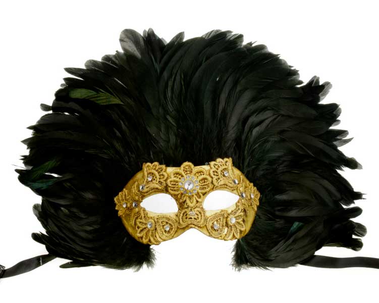 Masque Colombine Macramé Doré Noir et Doré à Plumes – Artisanat Authentique de Venise