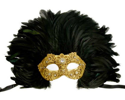 Masque Colombine Macramé Doré Noir et Doré à Plumes – Artisanat Authentique de Venise