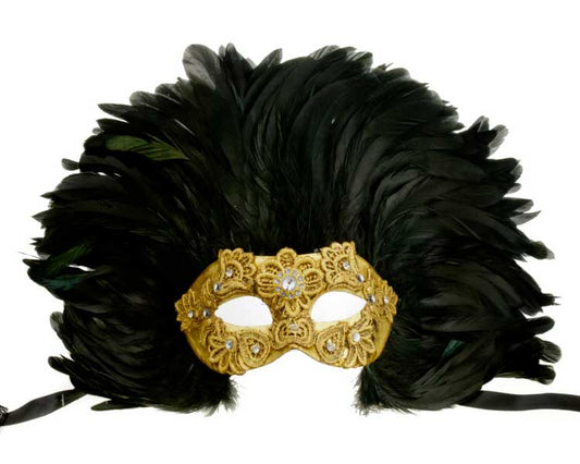 Masque Colombine Macramé Doré Noir et Doré à Plumes – Artisanat Authentique de Venise