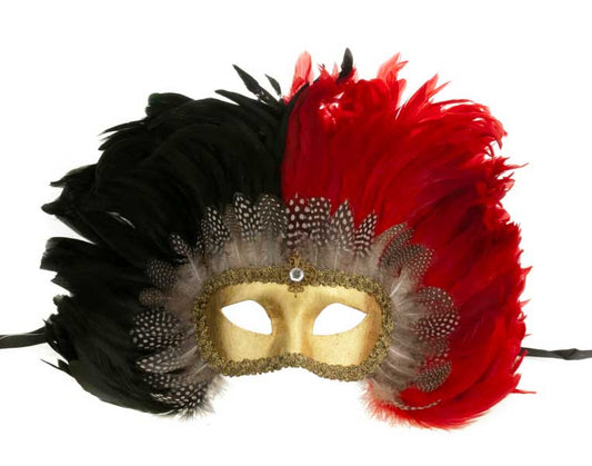 Masque Colombine Rouge et Noir à Plumes – Artisanat Authentique de Venise
