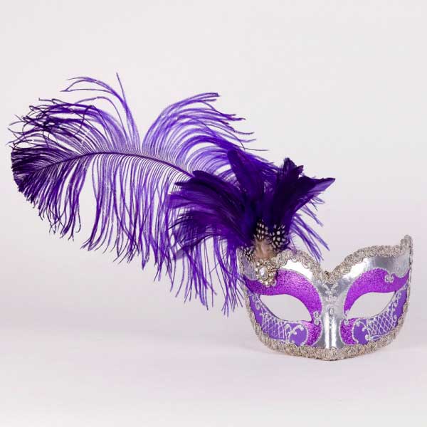 Masque Loup French Cancan Violet et Argent à Plumes – Artisanat Authentique de Venise