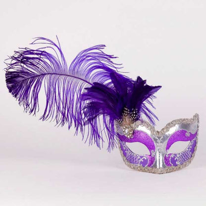 Masque Loup French Cancan Violet et Argent à Plumes – Artisanat Authentique de Venise