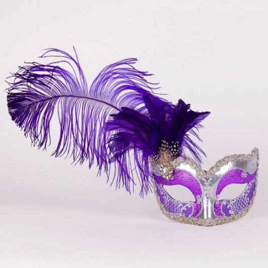 Masque Loup French Cancan Violet et Argent à Plumes – Artisanat Authentique de Venise