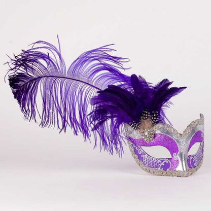 Masque Loup French Cancan Violet et Argent à Plumes – Artisanat Authentique de Venise