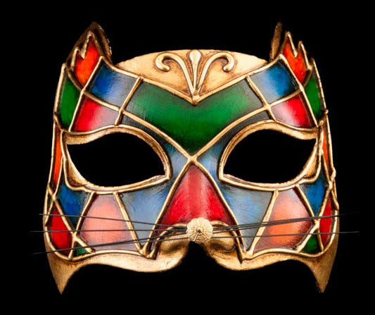 Masque Chat Gatto Multicolore en Papier Mâché – Artisanat Authentique de Venise