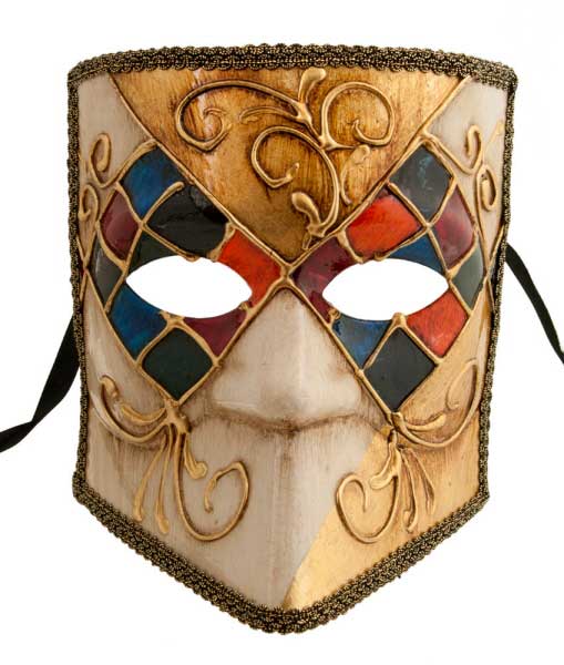 Masque Vénitien Bauta Doré aux Losanges Multicolores  – Artisanat Authentique de Venise