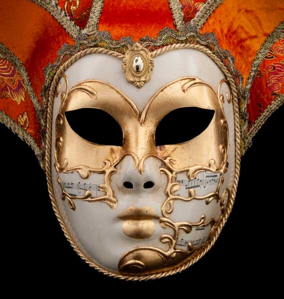 Masque Symphonie Volto Jolly Orange et Doré à 7 Pointes – Artisanat Authentique de Venise