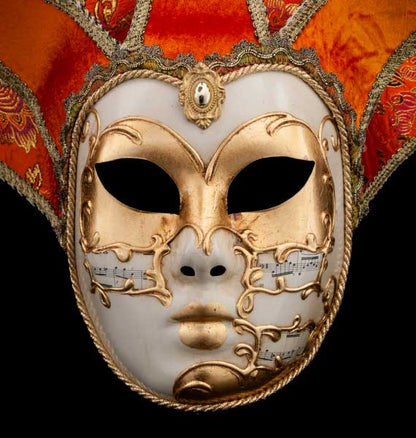 Masque Symphonie Volto Jolly Orange et Doré à 7 Pointes – Artisanat Authentique de Venise
