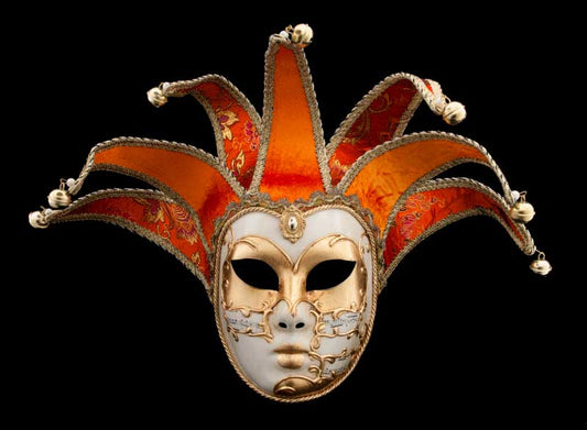 Masque Symphonie Volto Jolly Orange et Doré à 7 Pointes – Artisanat Authentique de Venise