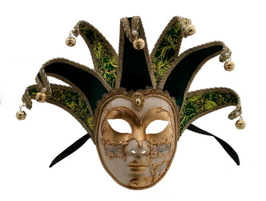 Masque Symphonie Volto Jolly Vert et Doré à 7 Pointes – Artisanat Authentique de Venise