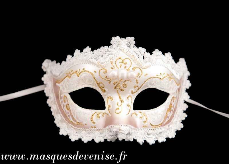 Masque de Venise Colombine Blanc et Doré avec Strass et Dentelle – Artisanat Authentique de Venise