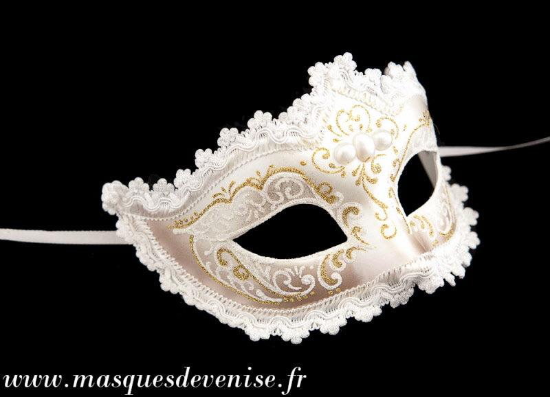 Masque de Venise Colombine Blanc et Doré avec Strass et Dentelle – Artisanat Authentique de Venise