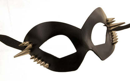Masque Coquin Colombine Espiègle en Cuir Noir Satiné à Pointe Métal – Artisanat Authentique de Venise