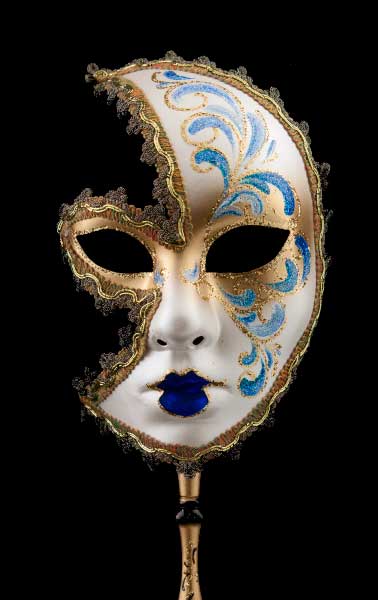 Masque Vénitien Lune Anna Bleu à Bâton – Artisanat Authentique de Venise