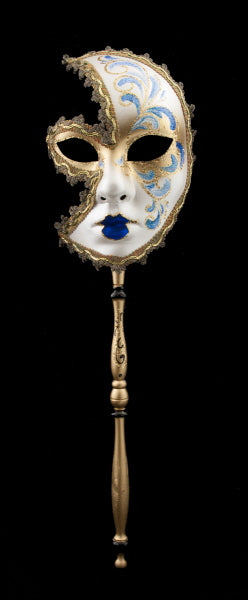 Masque Vénitien Lune Anna Bleu à Bâton – Artisanat Authentique de Venise