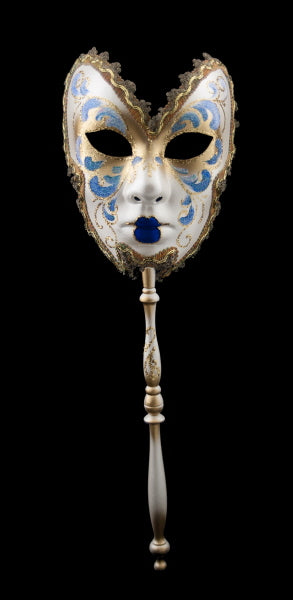 Masque Vénitien Farfalla Anna Bleu à Bâton – Artisanat Authentique de Venise