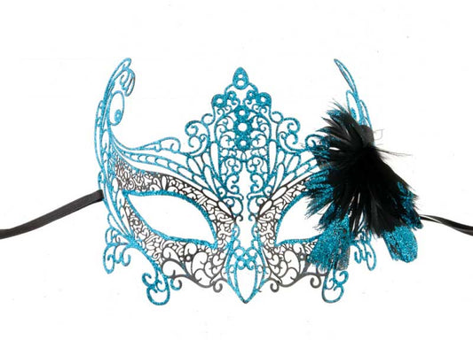 Masque de Venise Loup Papillon Turquoise à Plumes – Artisanat Authentique de Venise