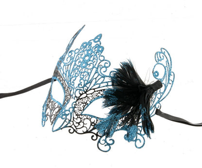 Masque de Venise Loup Papillon Turquoise à Plumes – Artisanat Authentique de Venise