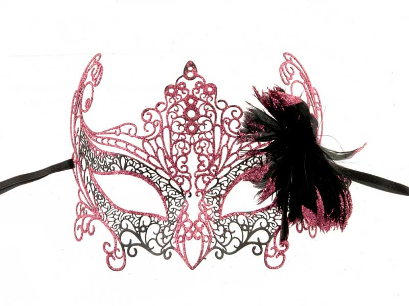 Masque de Venise Loup en Métal à Plumes Rose et Noir – Artisanat Authentique de Venise