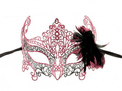 Masque de Venise Loup en Métal à Plumes Rose et Noir – Artisanat Authentique de Venise