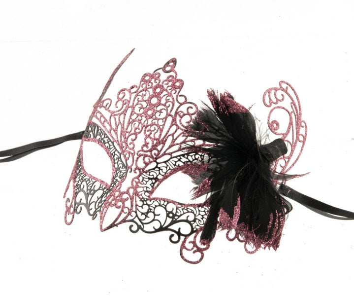Masque de Venise Loup en Métal à Plumes Rose et Noir – Artisanat Authentique de Venise