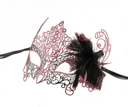 Masque de Venise Loup en Métal à Plumes Rose et Noir – Artisanat Authentique de Venise
