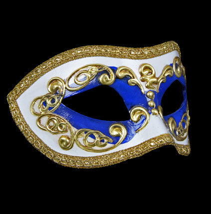 Masque Colombine Blanc Bleu Marine et Doré – Artisanat Authentique de Venise