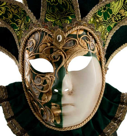 Masque Musica à Bavière Volto Jolly Vert et Doré – Artisanat Authentique de Venise