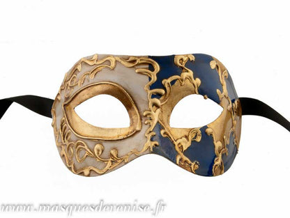 Masque Colombine Arlequin Bleu et Doré – Artisanat Authentique de Venise