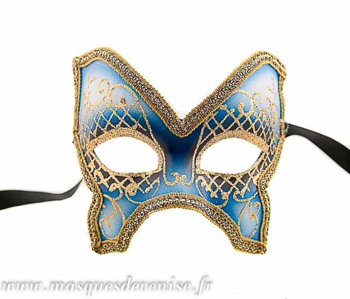 Masque Colombine Farfella Bleu – Galon Doré | Artisanat Authentique de Venise