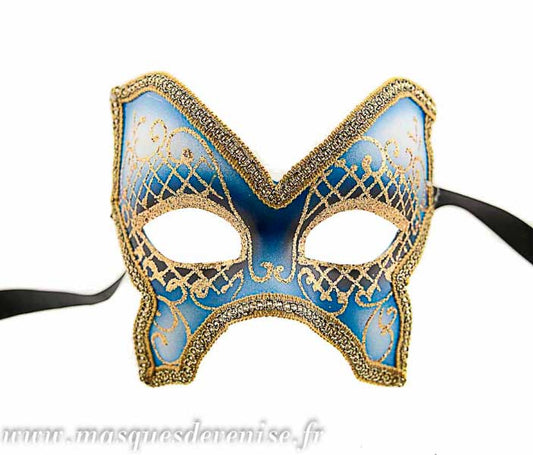 Masque Colombine Farfella Bleu – Galon Doré | Artisanat Authentique de Venise