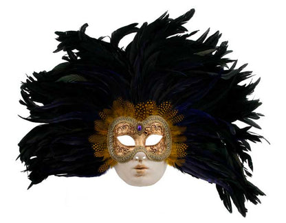 Masque Vénitien Volto à Plumes Noires et Mauves – Artisanat Authentique de Venise