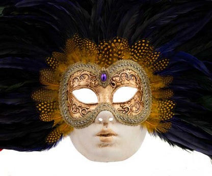 Masque Vénitien Volto à Plumes Noires et Mauves – Artisanat Authentique de Venise