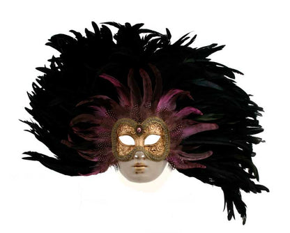 Masque Vénitien Volto à Plumes Noires et Roses – Artisanat Authentique de Venise