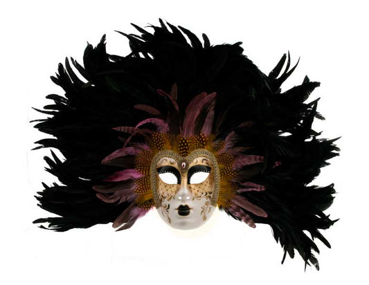 Masque Vénitien Volto à Plumes Noires et Roses – Artisanat Authentique de Venise