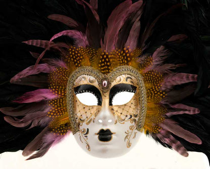 Masque Vénitien Volto à Plumes Noires et Roses – Artisanat Authentique de Venise