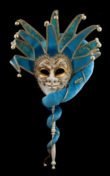 Masque Vénitien Joker Bleu et Doré à Bâton et 10 Pointes – Artisanat Authentique de Venise