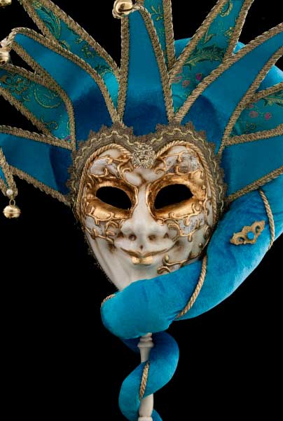 Masque Vénitien Joker Bleu et Doré à Bâton et 10 Pointes – Artisanat Authentique de Venise