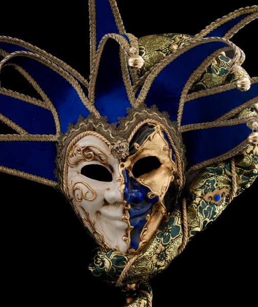 Masque Vénitien Joker Bleu et Doré à Bâton et 10 Pointes – Artisanat Authentique de Venise