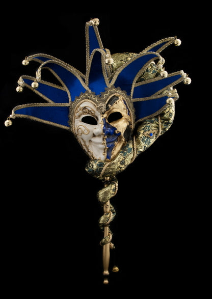 Masque Vénitien Joker Bleu et Doré à Bâton et 10 Pointes – Artisanat Authentique de Venise