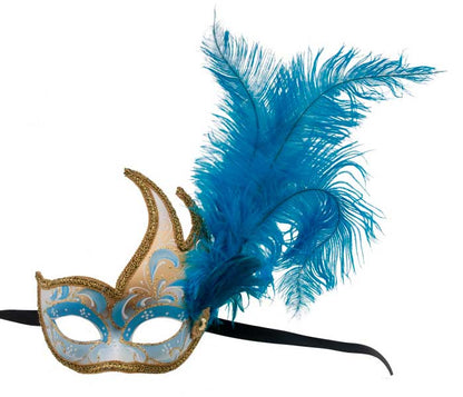 Masque de Venise Loup Bleu et Doré à Plumes d’Autruche – Artisanat Authentique de Venise