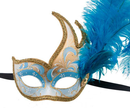 Masque de Venise Loup Bleu et Doré à Plumes d’Autruche – Artisanat Authentique de Venise
